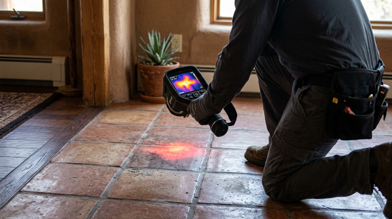 Thermal imaging inspection locating hot water line leak under foundation floor in Chino